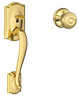 Schlage FE285 CAM 505 GEO 605 Camelot Front Entry Handleset with Georgian Knob, Lower Half Grip, Bright Brass