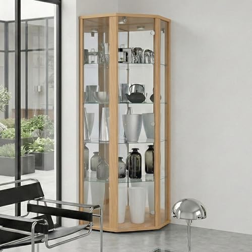 K-Möbel Eckvitrine in Buche (176x56,5x56,5 cm) mit 4 Glasböden, Schloss, Spiegel & LED - Modellauto Vitrine Buche - Vitrinenschrank- Sammlervitrine - Wohnzimmerschrank Glasvitrine Regal Wand