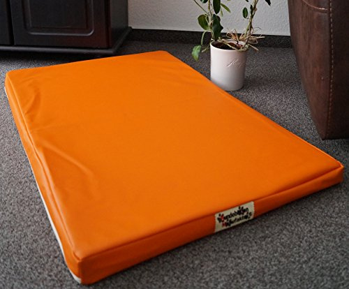 Hundebettenmanufaktur Orthopädische Hundematratze mit antiallergischer Kokosmatte Hundebett Kunstleder Größe und Farbe wählbar (90 cm X 60 cm, orange)