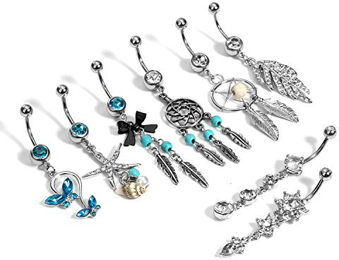 8Stück Bauchnabelpiercing Blau mit Lang Anhänger Set für Damen Frauen Mädchen,14G Silber Edelstahl Baumeln Bauchnabel Ring Nabelpiercing,Gebogene Nabel Barbell Körper-Schmuck Piercing CZ Intarsien10mm