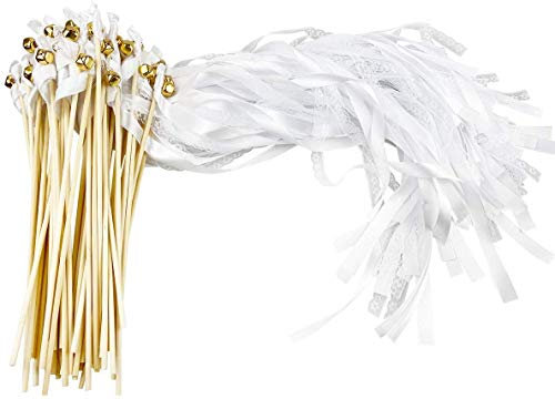 CODOHI 50er Pack Band Zauberstäbe Hochzeit Luftschlangen mit Glocken, Seidenfee Stab Party Favors für Hochzeit Baby Shower Party Aktivitäten Feiertagsfeier (weiße Spitze)