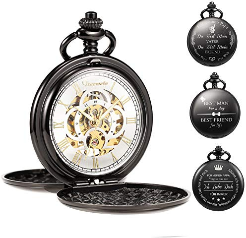 TREEWETO Orologio da tasca unisex personalizzabile con incisione orologio da tasca con catena analogica a carica manuale doppia cerniera antica incisa romana, quadrante bianco