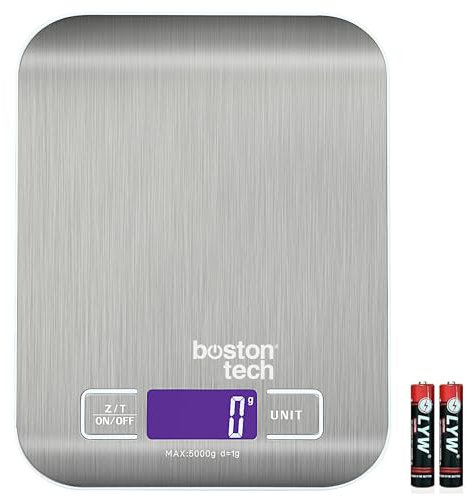 Báscula de Cocina Digital HK105. Balanza de Alta Precisión en Acero Inoxidable, Impermeable. Capacidad 5 KG. Pantalla LCD. Multifuncional con Baterías Incluidas. Función Tara. Recetario Descargable