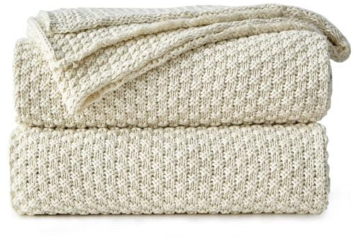Longhui Bedding Cremefarbene, gestrickte Wohndecke aus Baumwolle, für Couch, weich, gemütlich, maschinenwaschbar, aus 100% Baumwolle, Soadecken mit Zopfmuster, schweres Gewicht von 1,81 kg, 152,4 x