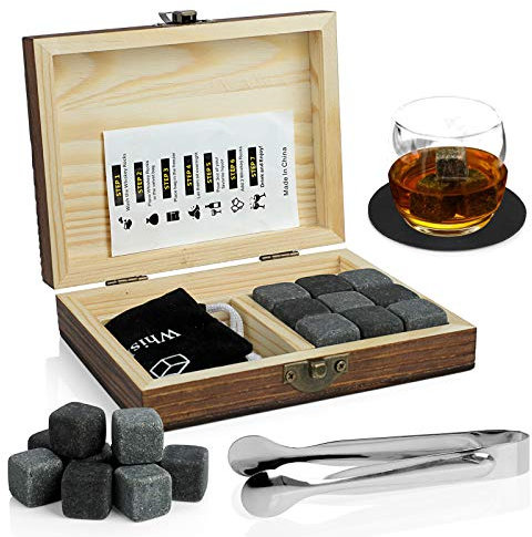 Whisky Stones Gift Set, WOVTE 9 Granite Chilling Whisky Rocks with 2 Coasters& Ice Tongs & Storage Pouch Packaged in Wooden Premium Box, Great Whisky Stone Ice Cubes Gift Set for Men
