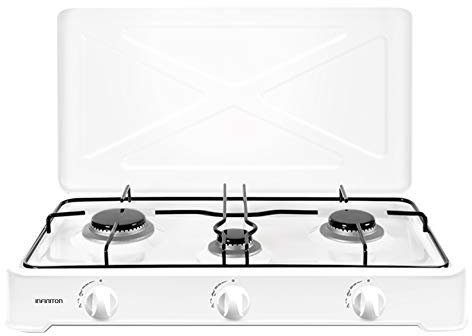 INFINITON | Cocina de Gas Portatil GGP-3B | 60cm de Ancho | Hornillo a Gas | Quemadores desmontables | 3 Fuegos | Portatil | Apoyo antideslizante | Color Blanco