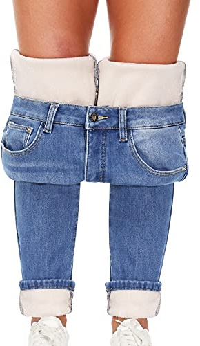 Skirt BL Women's Fleece Lined Jeans Thermal Flannel Lined Jeans Winter Warm Thicken Skinny Stretch Denim Pants (Light Blue, US 6)