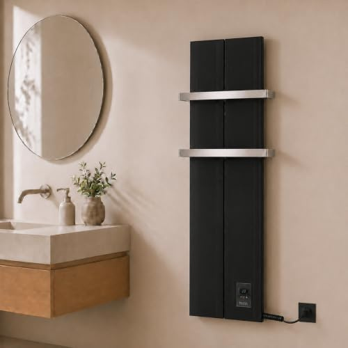 Finesa-D Badheizkörper elektrisch mit Thermostat 1000×408 mm | 700 W – Flacher Paneel Design Handtuchheizkörper – Schwarz – energiesparend – 5 Jahre Garantie
