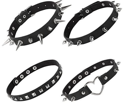 Yolev Gargantilla Punk de 4 Piezas con Tachuelas Collar Gótico Negro Ajustable para Hombres y Mujeres Decoración de Fiesta de Anime de Halloween