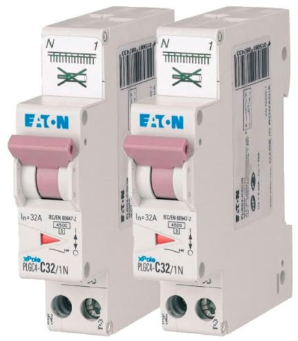 EATON 109131 PLGC4-C32/1N - DISJONCTEUR MODULAIRE PH/N - Blanc - MANETTE VIOLETTE - 1P+N / 32 A - COURBE C - Raccordement direct sans vis - 2 disjoncteurs