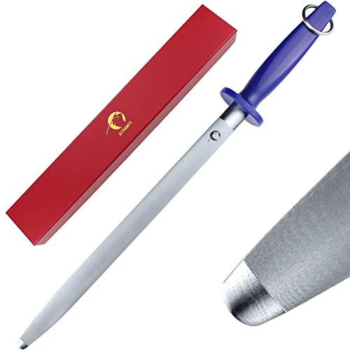 HIDAMOS Upgraded 12 Inch Honing Steel Magnetized Super Hardness Professional Sharpening Steel Rod for Kitchen Knives, Honing Rod Flat with Gift Box 3200 Grit Brushed Blue
