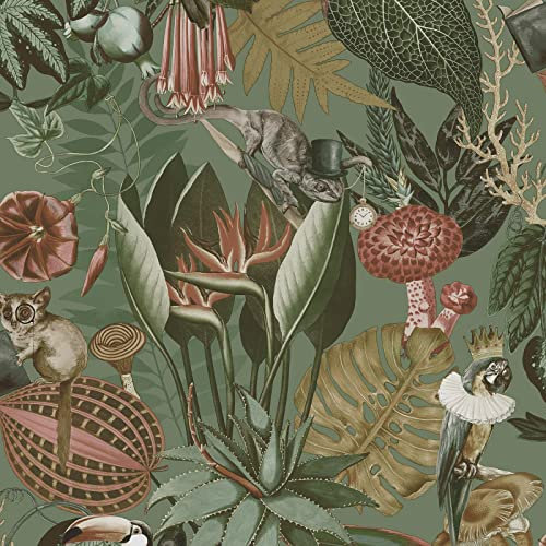 Holden Wonderland Wallpaper Tropical Exotic Animals Sage Green/Multi 13401