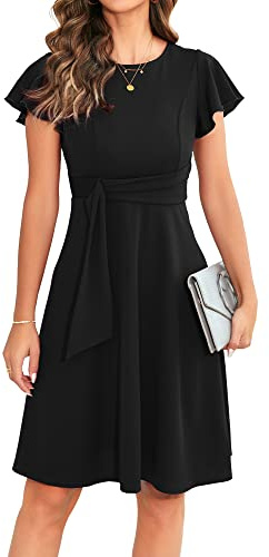 OWIN Women's Ruffle Sleeve Round Neck Tie Waist A Line Swing Knee Length Formal Dresses Black XL
