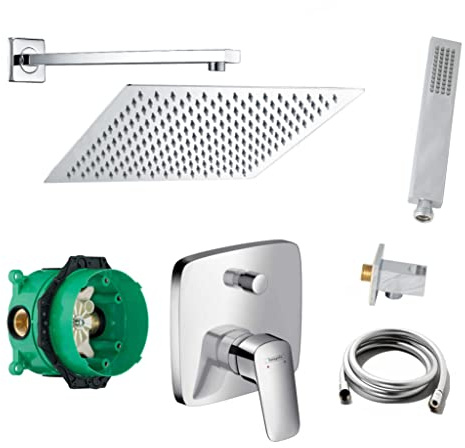 vanvilla Duschsystem Unterputz mit Duscharmatur Hansgrohe poliert HG01. V2 | Duscharmatur von Hansgrohe Logis Einhebelmischer und vanvilla Regendusche Duschkopf eckig, Dusch-SET poliert