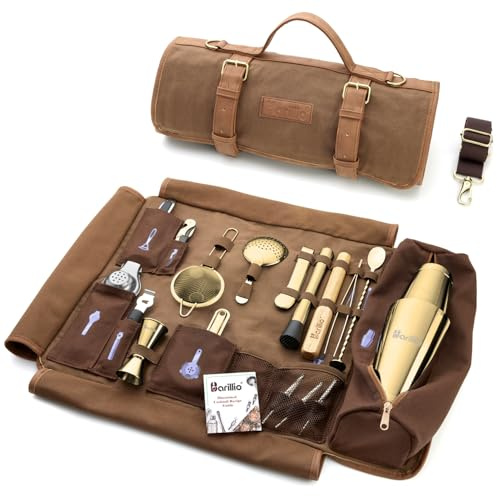 Barillio Bartender Kit Bag with Gold Cocktail Shaker Set - Waxed Canvas, Traveling Bar Tools Bag with 17-Pc Cocktail Kit - Travel Mixology Bartending Kits - Mobile Bar Roll with Strap & Accessories