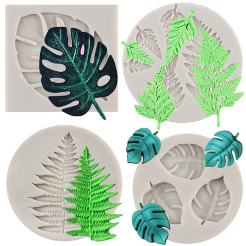 MYPRACS Tropische Blatt Silikonformen Farnblätter Fondantform Set von 4 | Monstera Blatt Süßigkeitenformen Kuchendekoration Cupcake-Topper Schokoladen Zuckerguss Süßigkeiten Polymer Clay