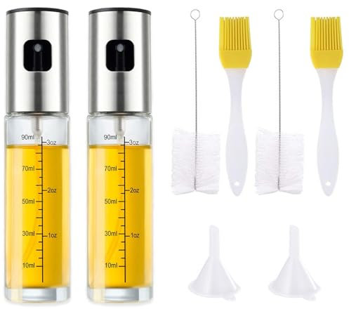HXSYKJDM 2 Stück Ölsprüher zum Kochen, 100ml Sprühflasche mit Skala, Multifunktional Ölsprüher Set mit Trichter Reinigungsbürste Silikonpinsel für BBQ Salate Backen