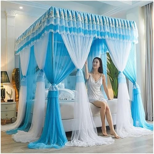 GLMGBP 4 Ecken Pfosten-Himmelbett-Vorhang, Prinzessin, bestickte Spitze, Rüschen, Betthimmel, Betthimmel-Vorhang für Mädchen und Erwachsene, Doppellagiges, durchsichtiges Mesh-Moskitonetz