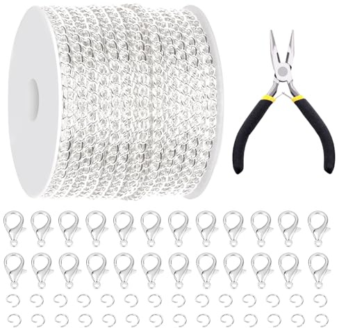 Glarks 102Pcs 30 Feet Jewelry Chains Set Silver Cable Link Chains Link Rolls Bulk Twisted Links Chain Necklace Jewelry Making Chains with Lobster Clasps and Jump Rings for Necklace Jewelry Making