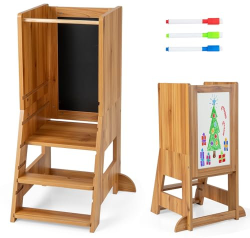 COSTWAY Lernturm kinder, 2 in 1 Tritthocker montessori mit 3 verstellbare Höhen & doppelseitiger Tafel, Küchenhelfer mit 3 Stiften, Trittschemel für Kinder ab 1 Jahren, 70 kg Belastbar (Natur)