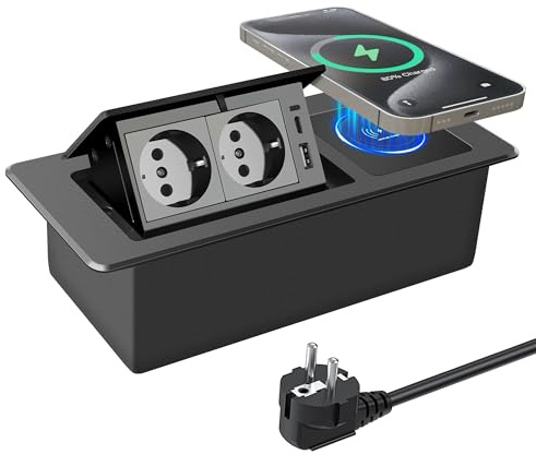 JACEPFY Prise de courant escamotable 2 prises encastrée PD20W charge rapide USB C prise de table avec chargeur sans fil 15W pour plan de travail, bureau