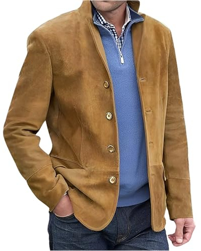 Udbeksid Lederjacke 2024 Trachtenjacke Sakko Jacke Herren Blazer Jacke Kunstleder Anzug Jacke Casual 4 Knöpfe Wildleder Sport Blazer Mantel mit Taschen