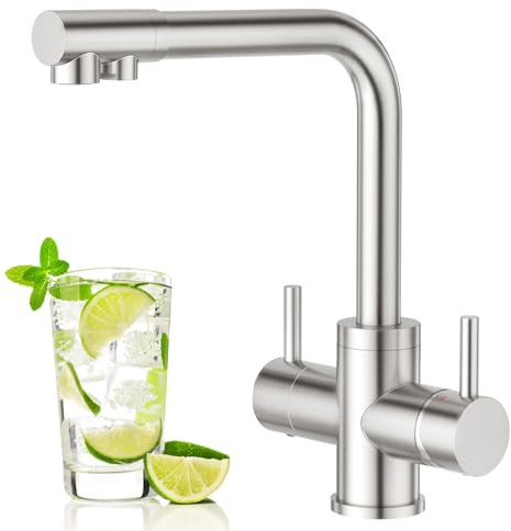 Aktines 4 Wege Küchenarmatur, Doppelhebel Armatur Wasserhahn Trinkwasser und Sodawasser Spültischarmatur Spülenarmatur Küche für Wasserfilter und Sprudler Edelstahl, gebürstet