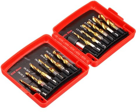 sourcing map 13pcs Combination Drill Tap Bit Set, SAE 6-32NC to 1/4-20NC Metric M3 to M10 Thread Taps with Quick Change Adapter, Titanium Coated Screw Threading Drilling Tapping Tool Kit