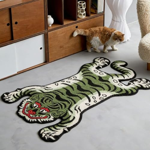 Tappeto trapuntato, motivo tigre tibetana, per soggiorno, morbido, divertente, estetico, lavabile, con retro in TPR antiscivolo, decorazione per la casa, 1,5 x 0,9 m (verde)