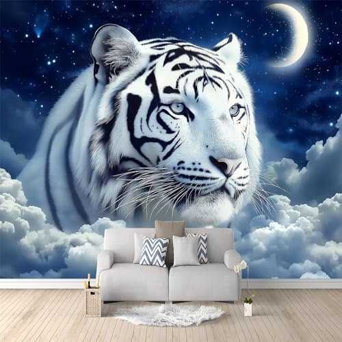 Vlies Fototapete 3D Effekt Dunkelblau Tiere Nachthimmel Weißer Tiger Vliestapete - Wandtapete Für Wohnzimmer Schlafzimmer Büro Flur Tapete Kinderzimmer Jungen Mädchen Wandtapete 300 x 210 cm