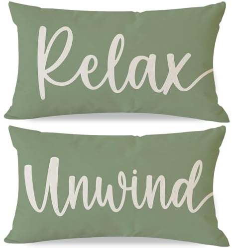 HERHOME Decorative Throw Pillow Covers 12x20 Inch Set of 2 Relax Unwind Sage Green Outdoor Farmhouse Front Porch Patio Decor Spring Summer Lumbar Cushion Case Decoration for Living Room Sofa Couch
