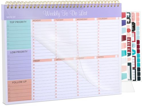 Thboxes Weekly Planner Notepad, Undated Weekly To Do List Pad 52 Tear off Sheets, Desk Planner for Study, Work, Fitness, Includes 4 Sheets of Stickers, 22 X 28 cm