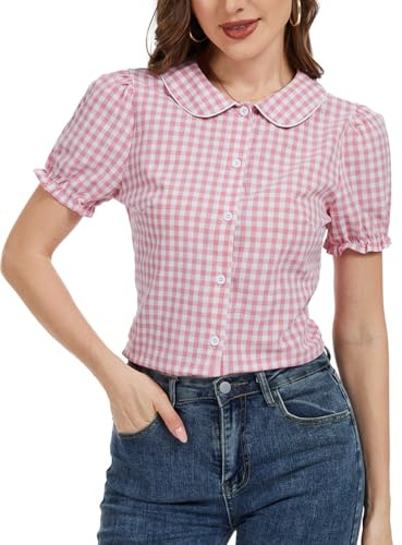 MINTLIMIT Women's Summer Gingham Blouse 2026 Plaid Top Short Sleeve Button Down Peter Pan Collar Shirt Pink