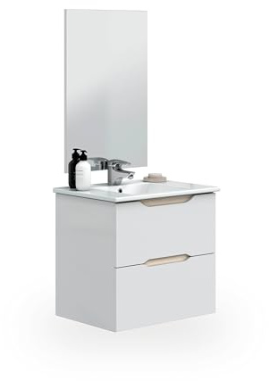 duehome | Mueble de Baño Suspendido con 2 Cajones, Espejo y Lavabo Cerámico, Modulo Colgante, Modelo Nexa, Acabado en Blanco Brillo y Roble, Medidas: 60 cm (Ancho) x 57 cm (Alto) x 45 cm (Fondo)