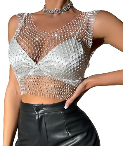 Mesh Oberteil Damen Oberteile Netzoberteil Damen Festival Top Mesh Top Shirt Netz Oberteil Festival Frauen Glitzer Top Funkelnd Glitzerrock KöRper Accessoire für Frauen und MäDchen - V - Weiß
