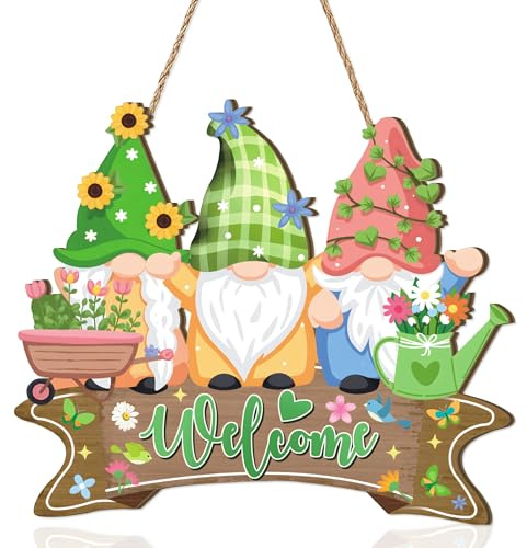 CHDITB Frühlings Türkranz Willkommen,Frühlings Willkommensschild Haustür,Türdeko mit Gnomen Blumen,Willkommen Haustürdeko,Blumen Welcome Türkranz Ganzjährig,Frühlingsdeko Zuhause Farmhouses Veranda