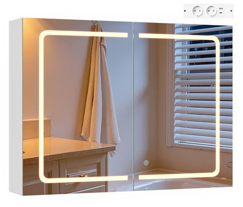 EUGAD Spiegelschrank für kleine Wohnungen Badzimmer, mit 2 Spiegeltüren, 3 einstellbare Farbtemperaturen, mit verstellbaren Einlegeböden und Steckdosen, Weiß, 80 x 60 x 14,5 cm