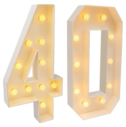Número de 40 dígitos luminosos LED lámpara blanca cálida LED números luminosos números iluminados 40 números luminosos alimentados por pilas placas luminosas para fiestas de cumpleaños, aniversarios y