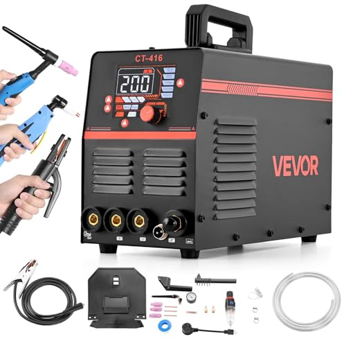 VEVOR Máquina de Soldar Combinada 3 en 1, Corte/TIG/MMA, Cortadora de Plasma de 50 A y Soldadora de Electrodo TIG de 200 A, Pantalla Digital LED con Función 2T/4T/PA/PT para Bricolaje y Talleres