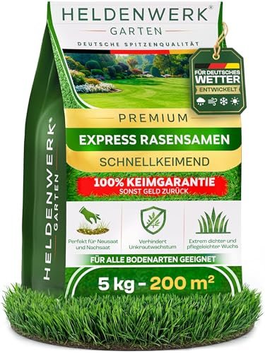 HELDENWERK® Rasensamen schnellkeimend Sommer 5kg / 200m² DEUTSCHES WETTER | Für deutsches Wetter entwickelt, Nach- & Neusaat, Robuster Sport- & Spielrasen, Made in Germany, KEIMGARANTIE, Unkrautfrei