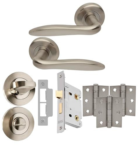 UAP E-Kappa Internal Door Handles Bathroom Pack with Lock, Hinges, and Escutcheon Satin Nickel Polished, 65mm