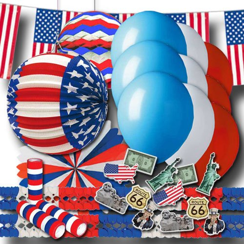 USA Grundausstattung Partydeko Länderset blauweißrot - Stars and Stripes Länderdeko Set mit Lampion, Girlanden, Luftschlangen, Luftballons, etc.