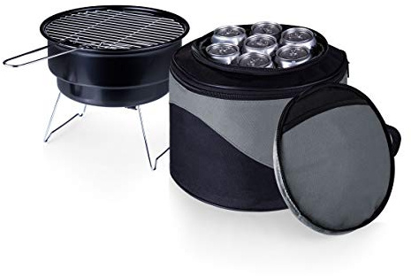 PICNIC TIME Caliente Portable Charcoal Grill & Cooler Tote, Take Anywhere BBQ Grill with Enameled Fire Bowl and Carrying Tote that Doubles as Cooler for Outdoor Cooking Use, (Black with Gray Accents)