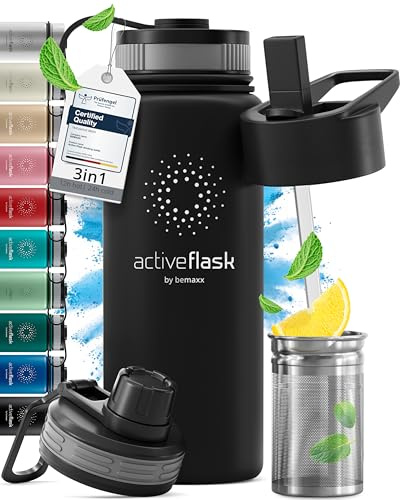 Vattenflaska i Rostfritt Stål, Isolerad ACTIVE FLASK + 3 Drycker Lock och Sugrör, Läckagesäker & BPA-fri | Vakuumisolerade - 12h Varm/24h Kall | Termos Dricksflaska Thermoflaska Sport Camping Gym