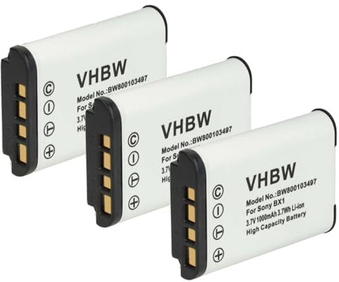 vhbw 3X Akku kompatibel mit Sony Cybershot DSC-HX400V, DSC-HX50, DSC-HX50V, DSC-HX60, DSC-HX80, DSC-HX60V Kamera (1000 mAh, 3,6 V, Li-Ion)