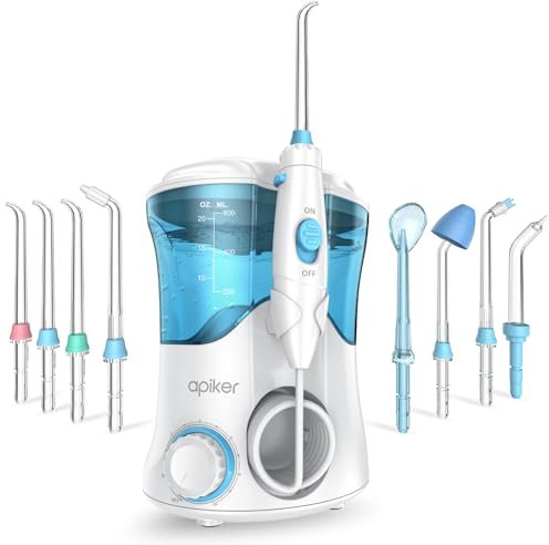 Apiker Idropulsore Dentale Professionale 600ml Irrigatore Dentale con 10 Impostazioni per Pressione dell’Acqua e 8 Beccucci Multifunzione Water Flosser IPX7 Cura Famiglia e Viaggi, Bianco