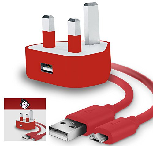 IWIO 3 Pin UK USB Mains Charger Adapter 1000 mAh / 1 AMPwith USB 2.0 Micro USB Sync and Charge Cable 1 Meter compatible with Huawei Y6 2018 - RED