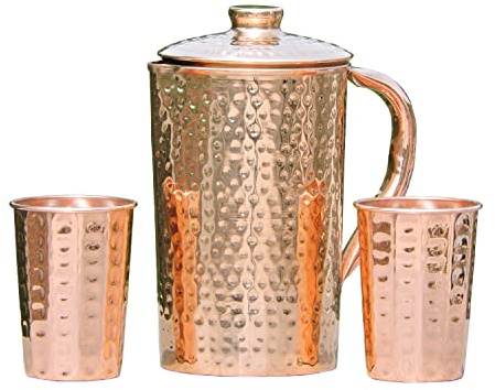 Copper Jug (Pitcher) with 2 Tumblers Hammered 1.5Lt (50.72 US Fl Oz) Capacity, Unlined, Uncoated and Non-Lacquered for Ayurveda Health Benefits made of Pure Copper