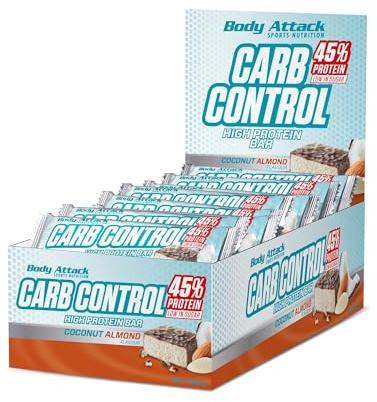 Body Attack Carb Control Coconut Almond - 15 x 100 g Riegel - Fitness Protein Riegel mit mehr als 45% Eiweiß aus Milch- und Molkenisolat - Mit Vitamin B1, B2, B6, B12, Folsäure & Niacin - zuckerarm