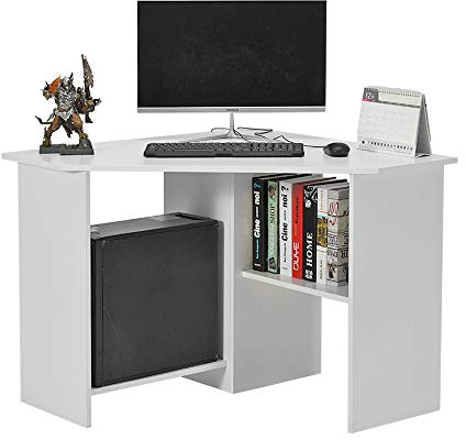PALDIN Corner Home Office Desk, L-Shaped Computer Workstation PC Laptop Table Gaming Desk for Home and Office Small Space with shelves, W90*D90*H74CM (White)